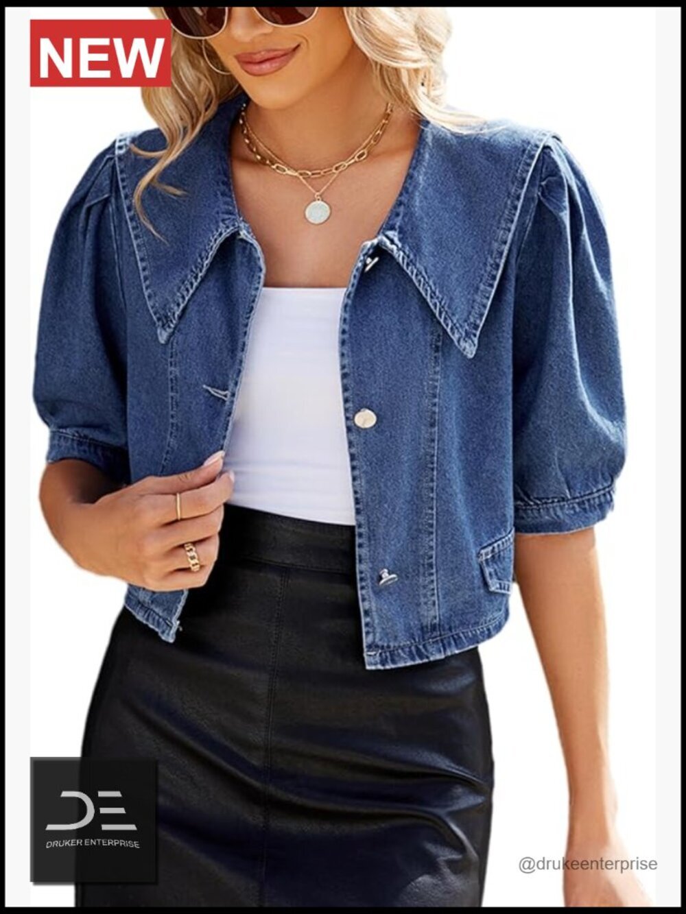 Crop Denim Jacket with Short Puff Sleeves Button Down Casual Coat